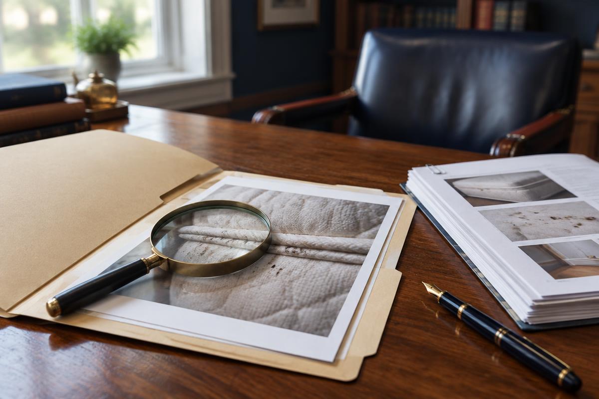 An attorney's desk with an open case folder, a magnifying glass over a photograph of a mattress seam, and a stack of inspection reports.